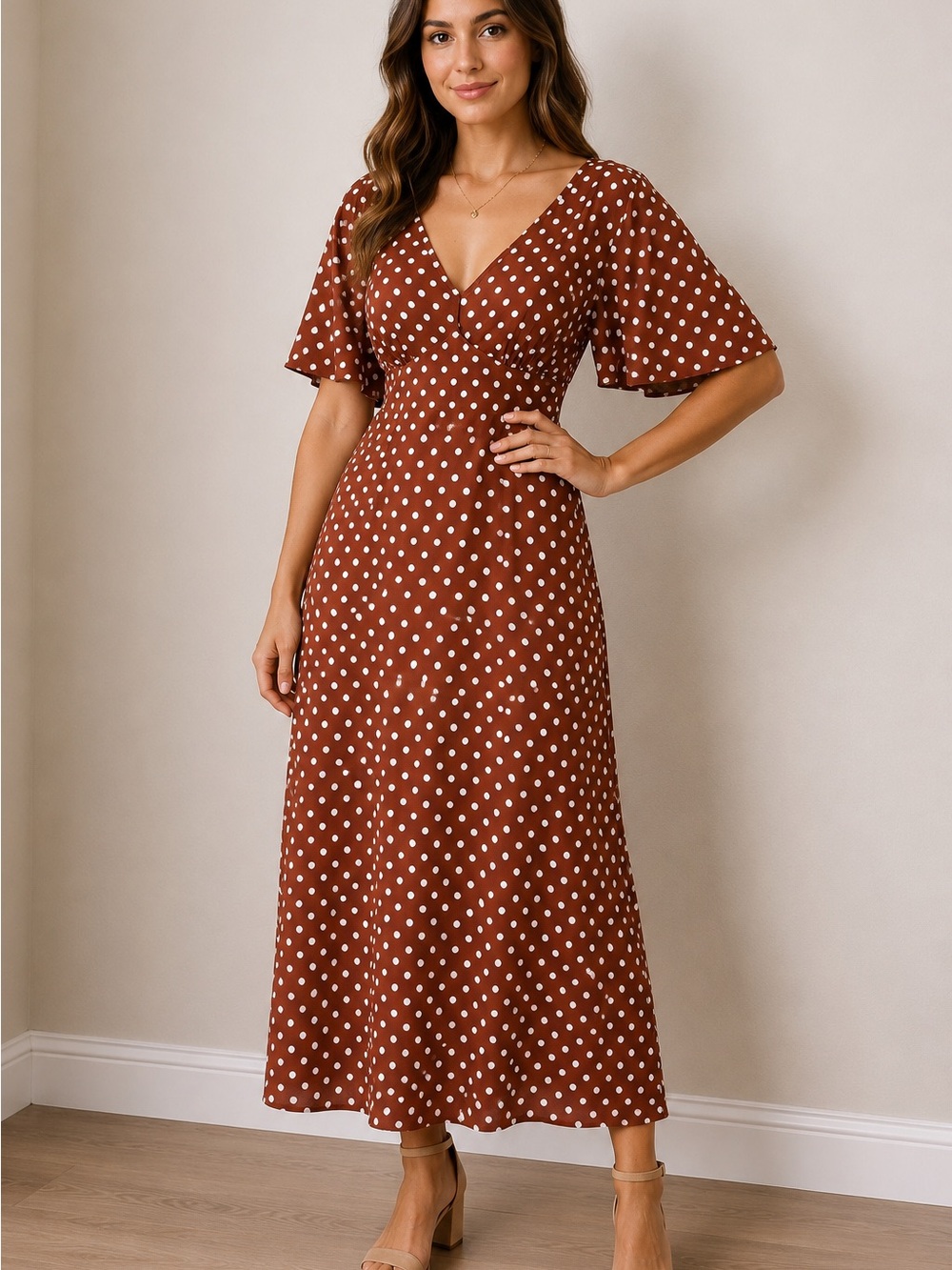 SHEIN Rust with White Polka Dots V-Neck Maxi Dress #1012